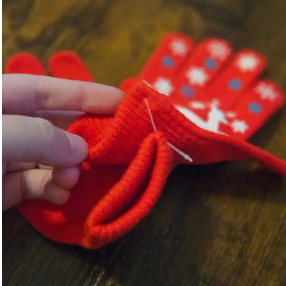 Boutique Bright Red Kids Winter Gloves w/ White Reindeer & Snowflake Design